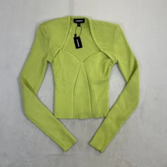 NEW Express NWT $98 Women’s Long Sleeve Crop Top Size S Lime Green Stretch Chrty - Picture 4 of 11